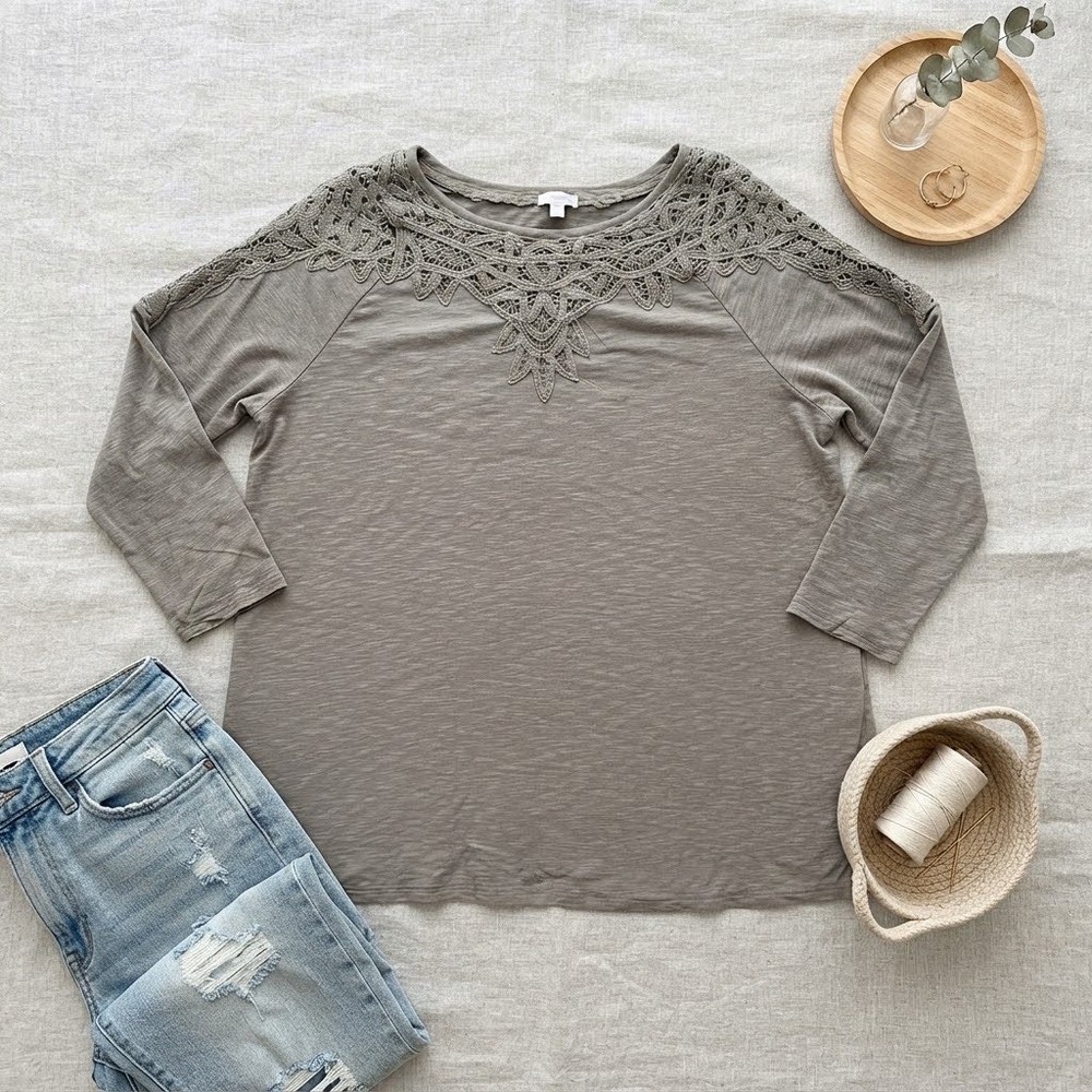 J. Jill Olive Green Slub Knit Crochet Lace Neckline 3/4 Sleeve Top 2X Womens
